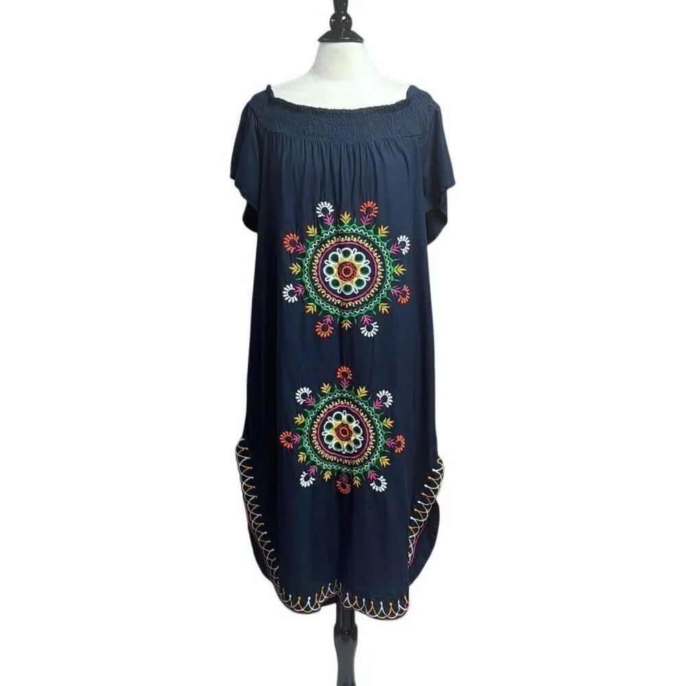 Mud Pie Women’s Off Shoulder Navy Embroidered Dress Size Large